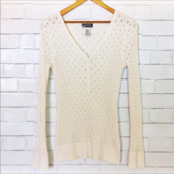 Route 66 Tops - Route 66 Pointelle Cream V-neck Sweater Top